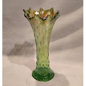 Vintage Northwood Green Tree‎ Trunk Carnival Glass Vase Fluted Ruffled Rim 10"